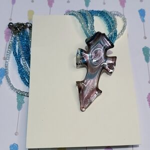 Blue and Silver Beaded Necklace with Cross Pendant